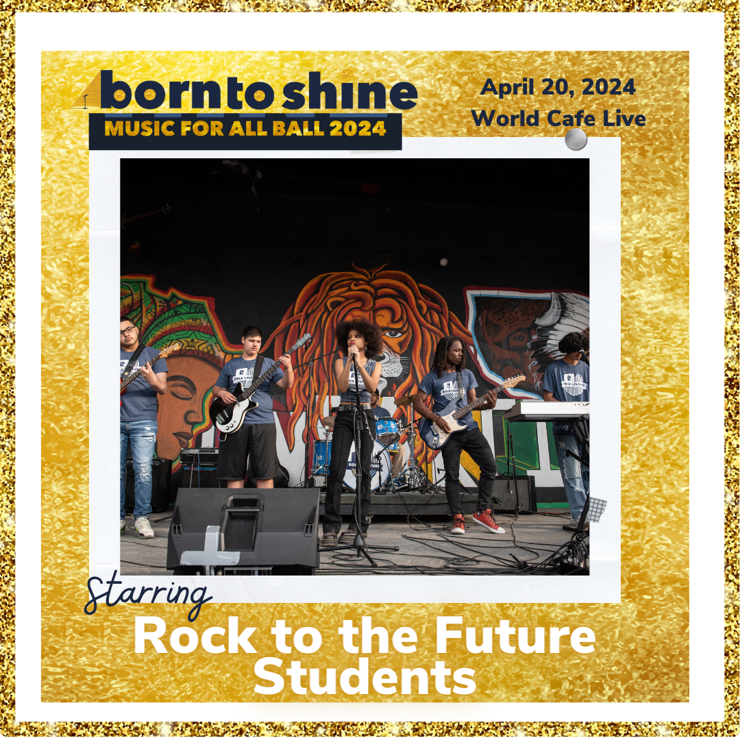 A square image that features a photo of students playing music on a large stage. Behind them there is a mural of a tiger. All the kids are wearing Rock to the Future tshirts.